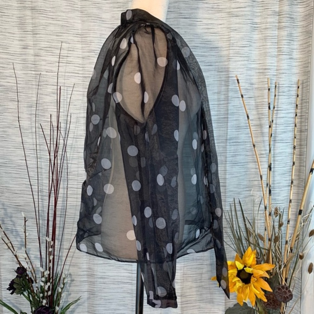 White House Black Market black and white polka-dots mesh see-through blouse. - Picture 10 of 16